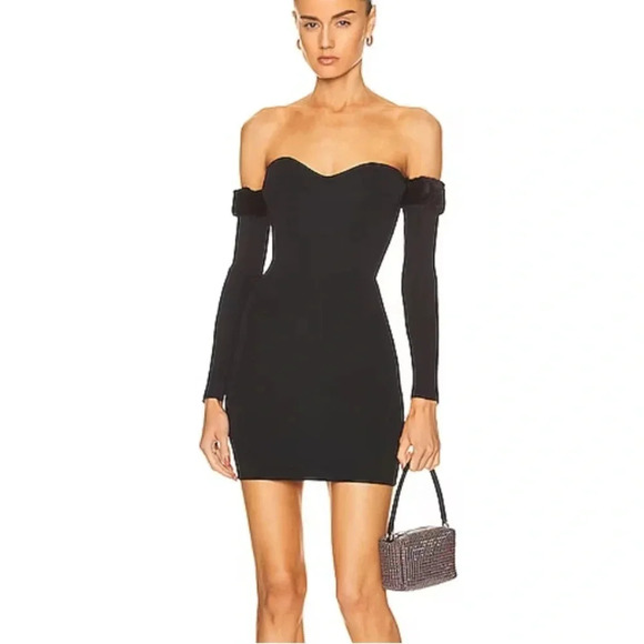 Staud Josee Knit Strapless Mini Dress with Faux Fur Trimmed Sleeves Black M NWT - Picture 10 of 11